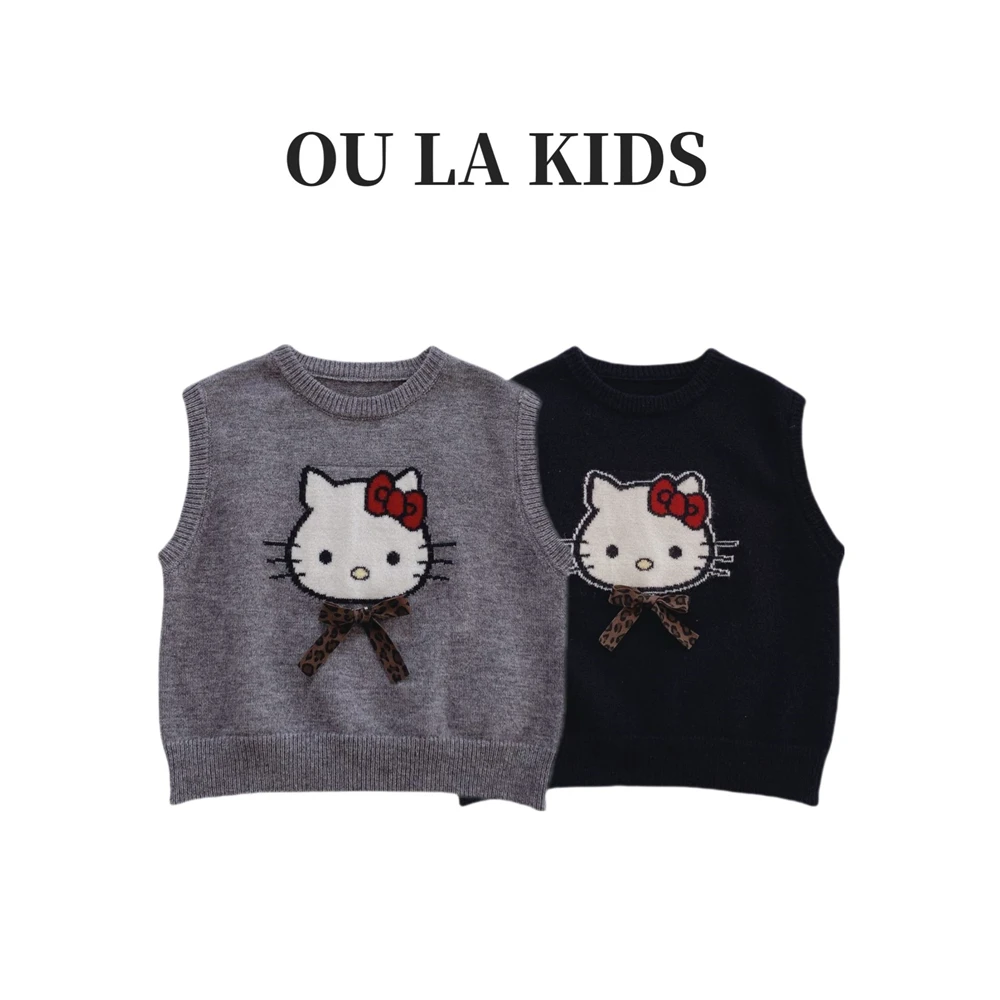 2025春季新品女童韩版KT猫无袖圆领套头童装百搭背心毛衣7750