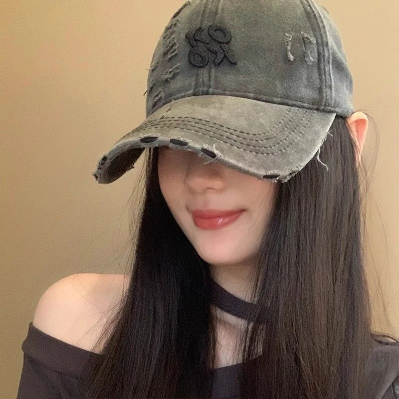 美式棒球帽复古破洞字母女做旧百搭水洗鸭舌帽大头围显脸小帽子潮