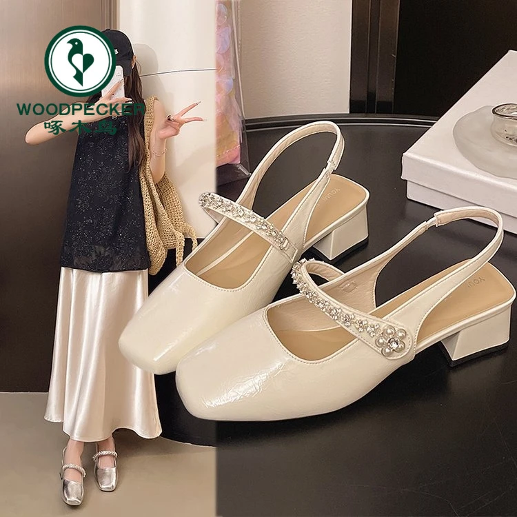 啄木鸟水钻一字带包头凉鞋女玛丽珍鞋配裙子2025夏季新款舒适粗跟