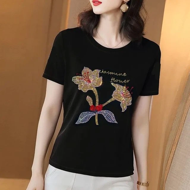 圆领半袖打底衫胖mm宽松上衣妈妈装短袖t恤女2025夏季大码镶钻潮