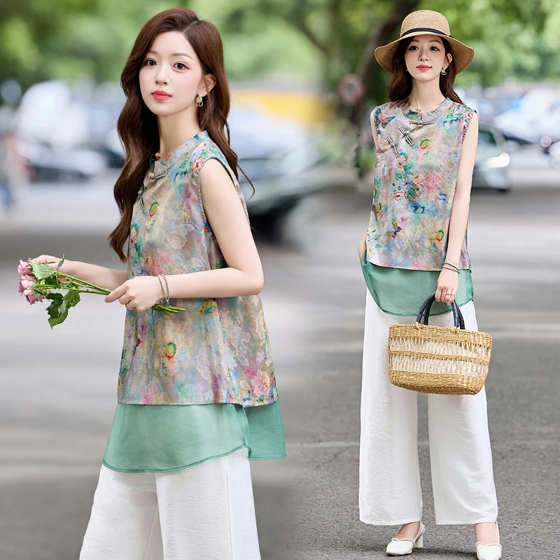 新中式复古国风无袖背心马甲阔腿裤两件套女2025夏季新款时尚套装