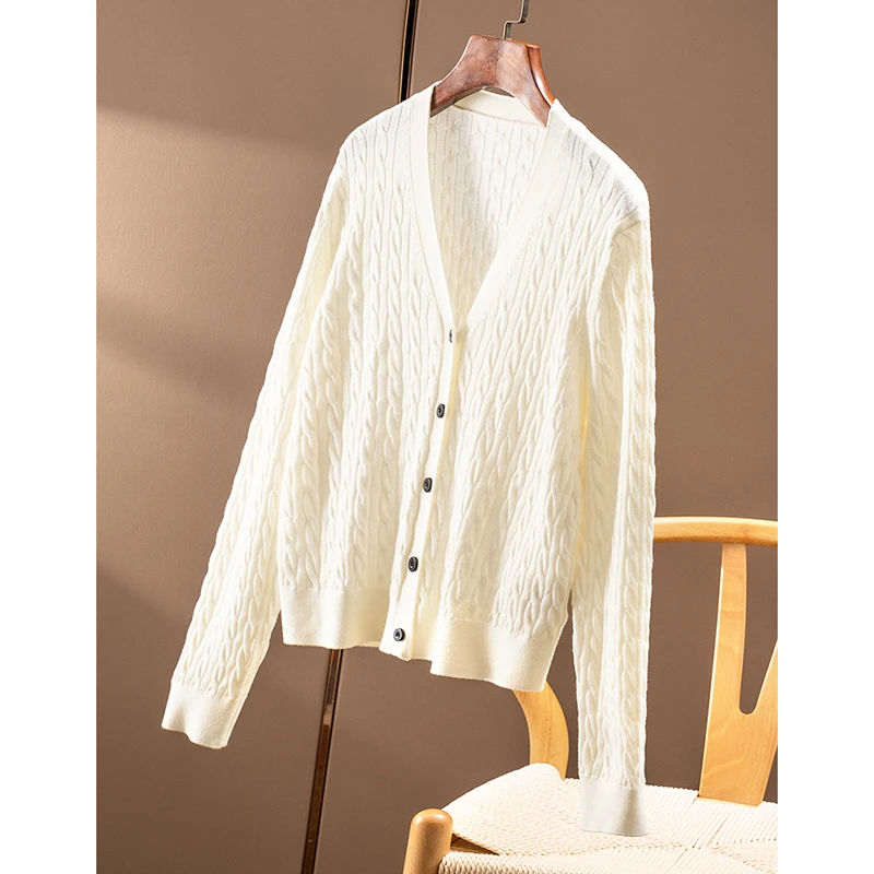 春天家 巨软糯舒服 法柜60支精纺羊毛桑蚕丝复古绞花针织开衫02F6