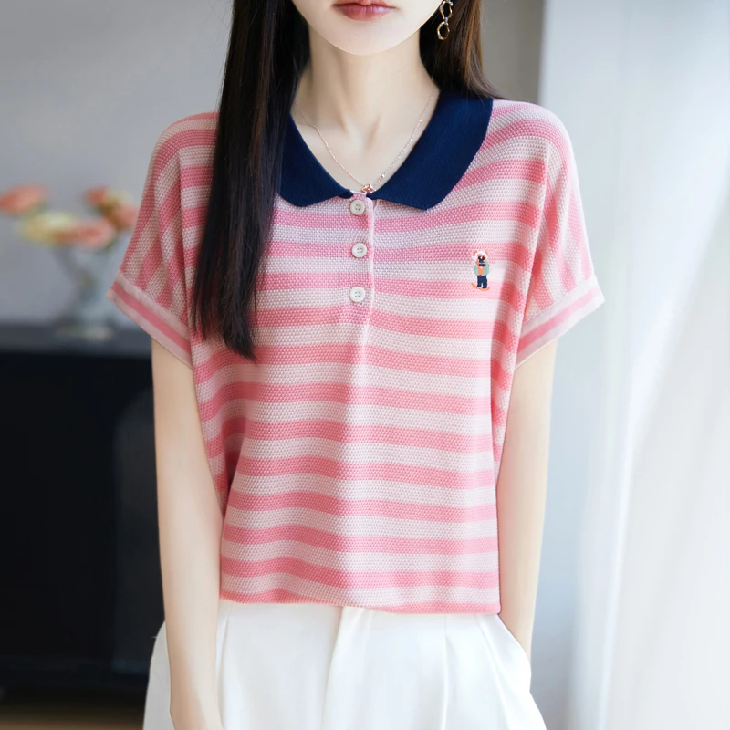 品牌2025夏新款薄款毛针织条纹Tt恤女宽松休闲显瘦Polo领时尚上衣