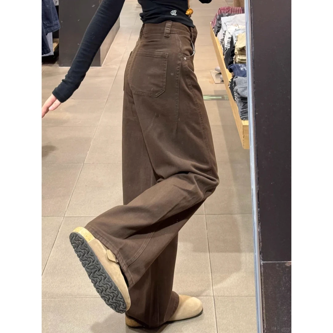 美拉德棕色牛仔裤宽松阔腿裤子女胖mm大码巨显瘦弯刀裤窄版直筒裤