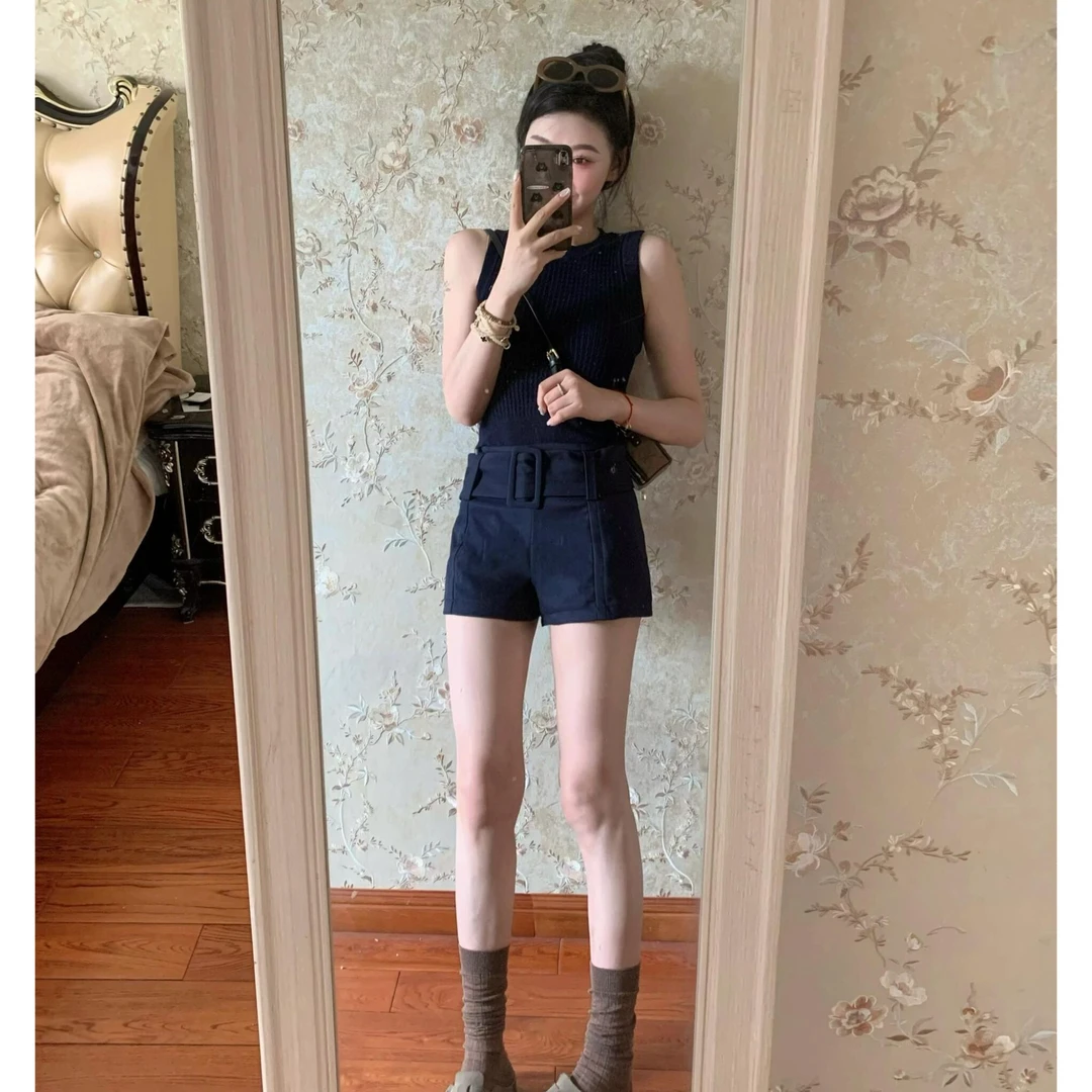 【夏日密码】藏青色无袖针织背心女设计感短裤外穿休闲运动显瘦套装