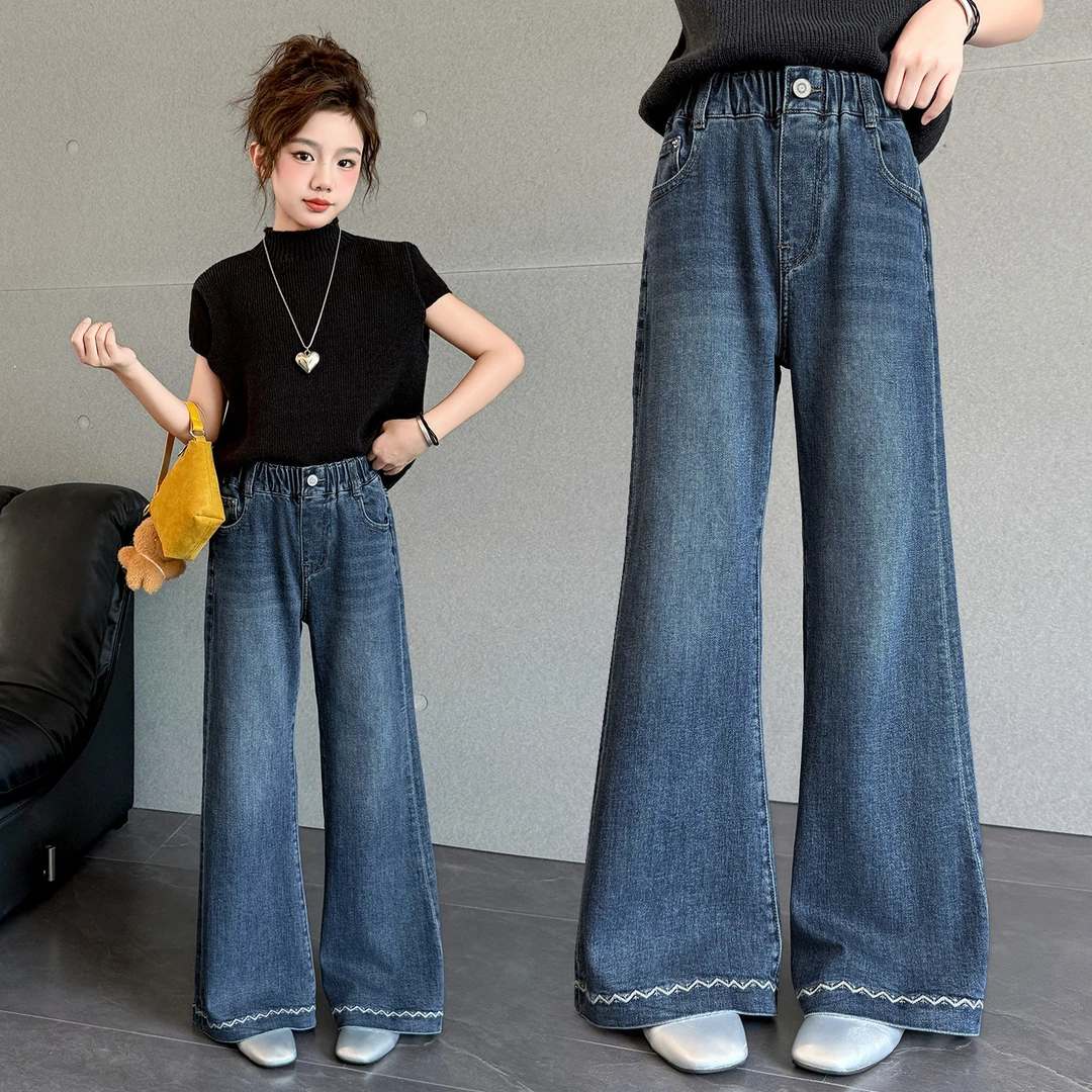女童裤子2025新款青少年宽松休闲微喇裤女学生洋气时尚牛仔阔腿裤