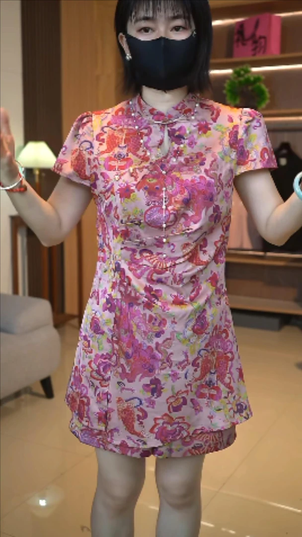 新中式套装旗袍裙提花老钱风女装复古修身国风盘扣上衣+短裤套装