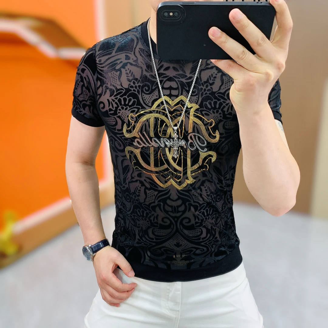 【阿凯严选】高品质夏季新款男士修身圆领冰丝镂空植绒个性时尚短袖