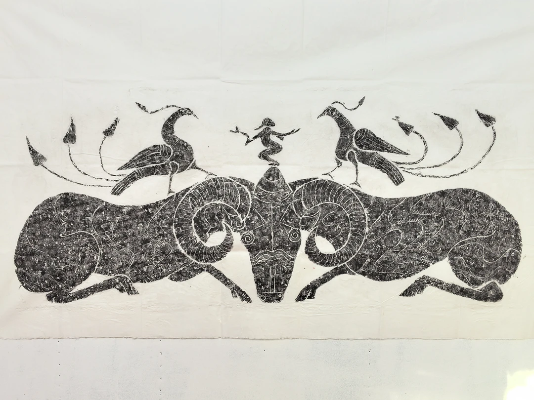 汉画像二羊共三首大吉祥凤求凰三阳开泰墨拓