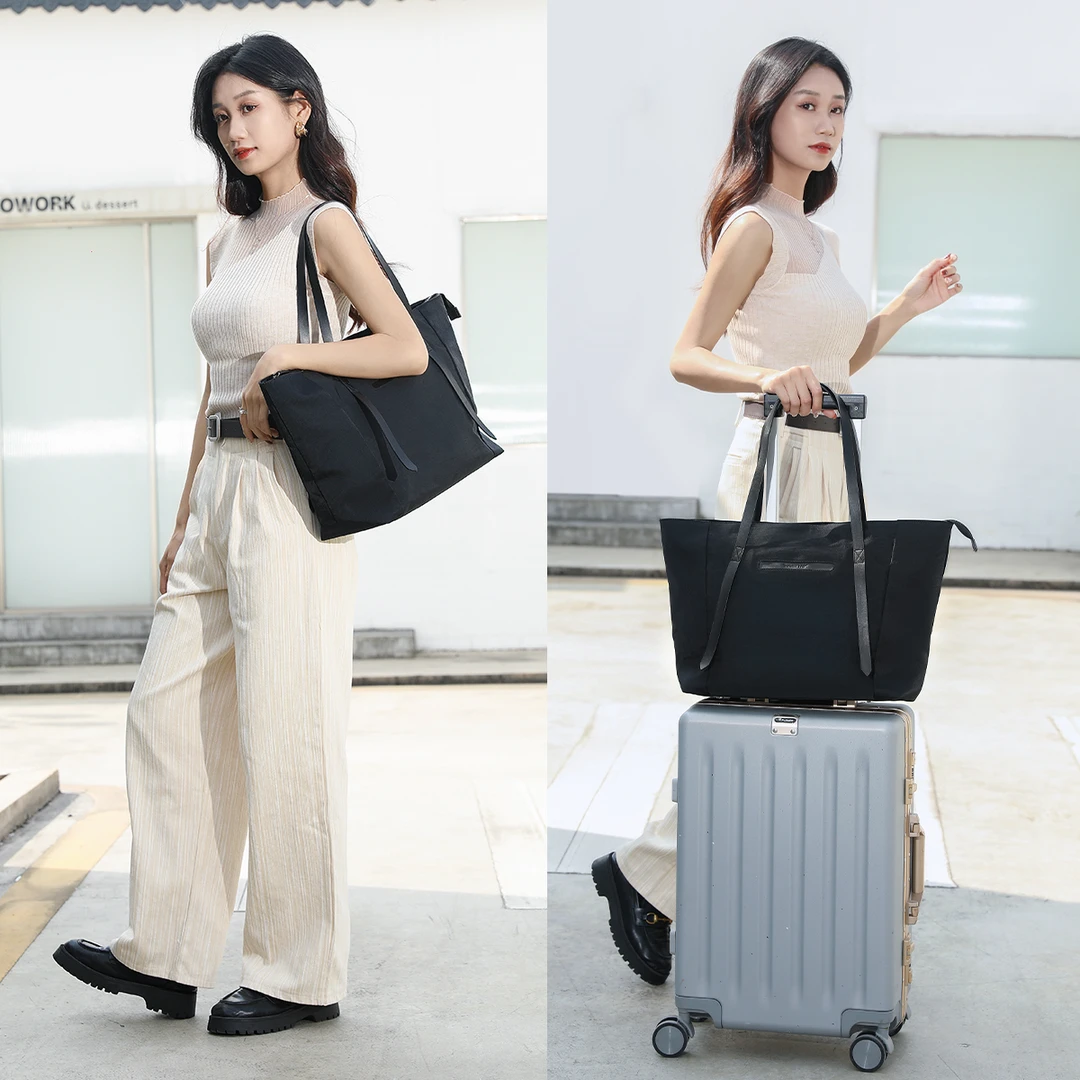 简约黑色休闲托特包手提款单肩包女士时尚简约可套拉杆行李箱插袋