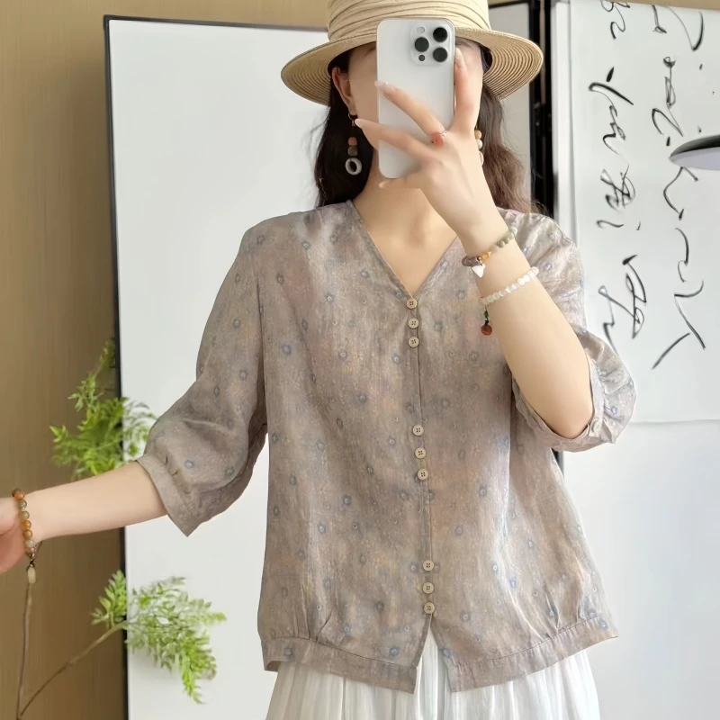 超显瘦印花[苎麻]时尚夏季宽松透气气质中袖套头小衫