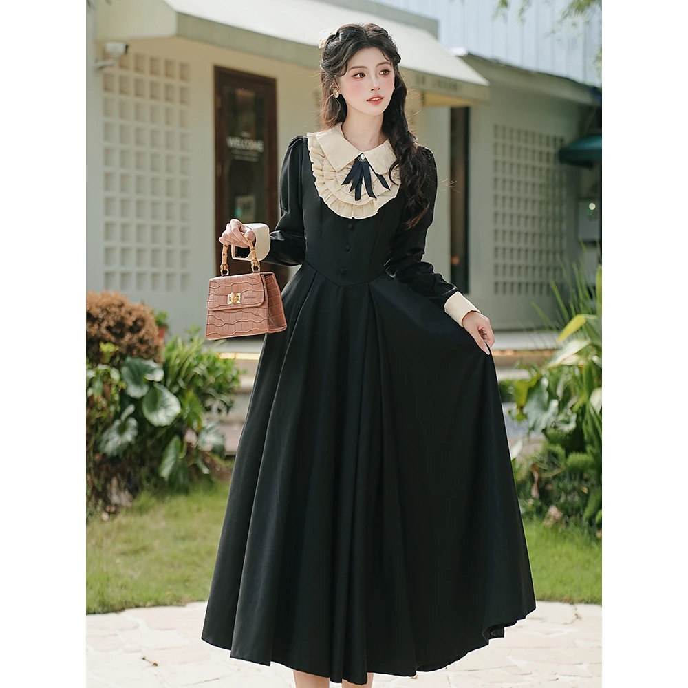 春秋复古文艺学院风假两件气质长裙修身洛丽塔花边黑色连衣裙6596