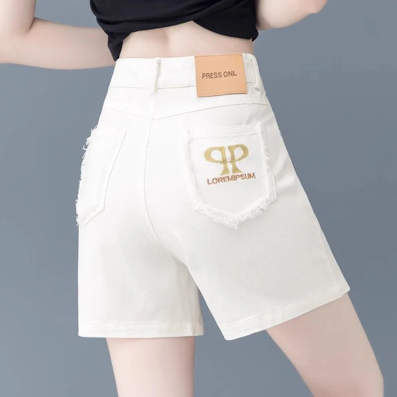 牛仔短裤女夏季薄款2025年新款刺绣高腰宽松a字外穿爆款四分热裤