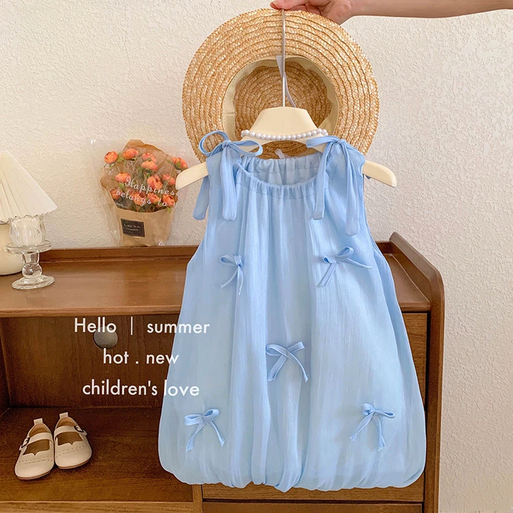 女孩连衣裙夏季新款儿.童蝴蝶结背心裙宝宝花苞裙韩版洋气公主裙