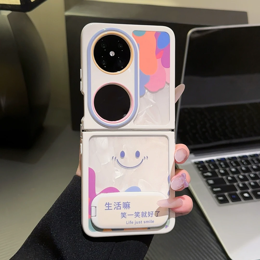 适用华为POCKET2手机壳奶油壳FINDN3FLIP涂鸦笑脸支架华为pocketS