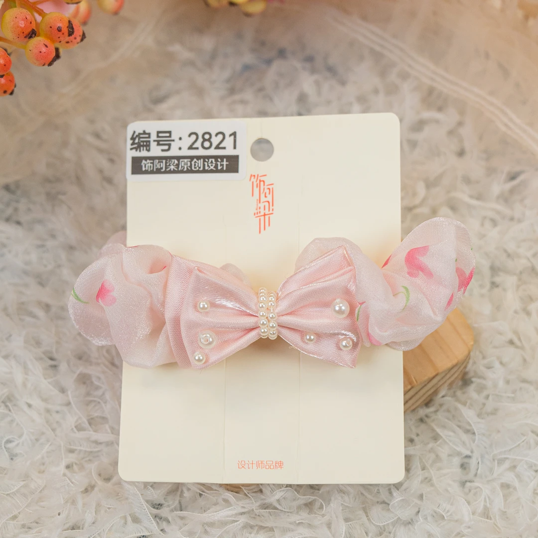 饰阿梁2821 粉色领结小肠圈质感花朵印花头饰儿童小女孩发饰可爱