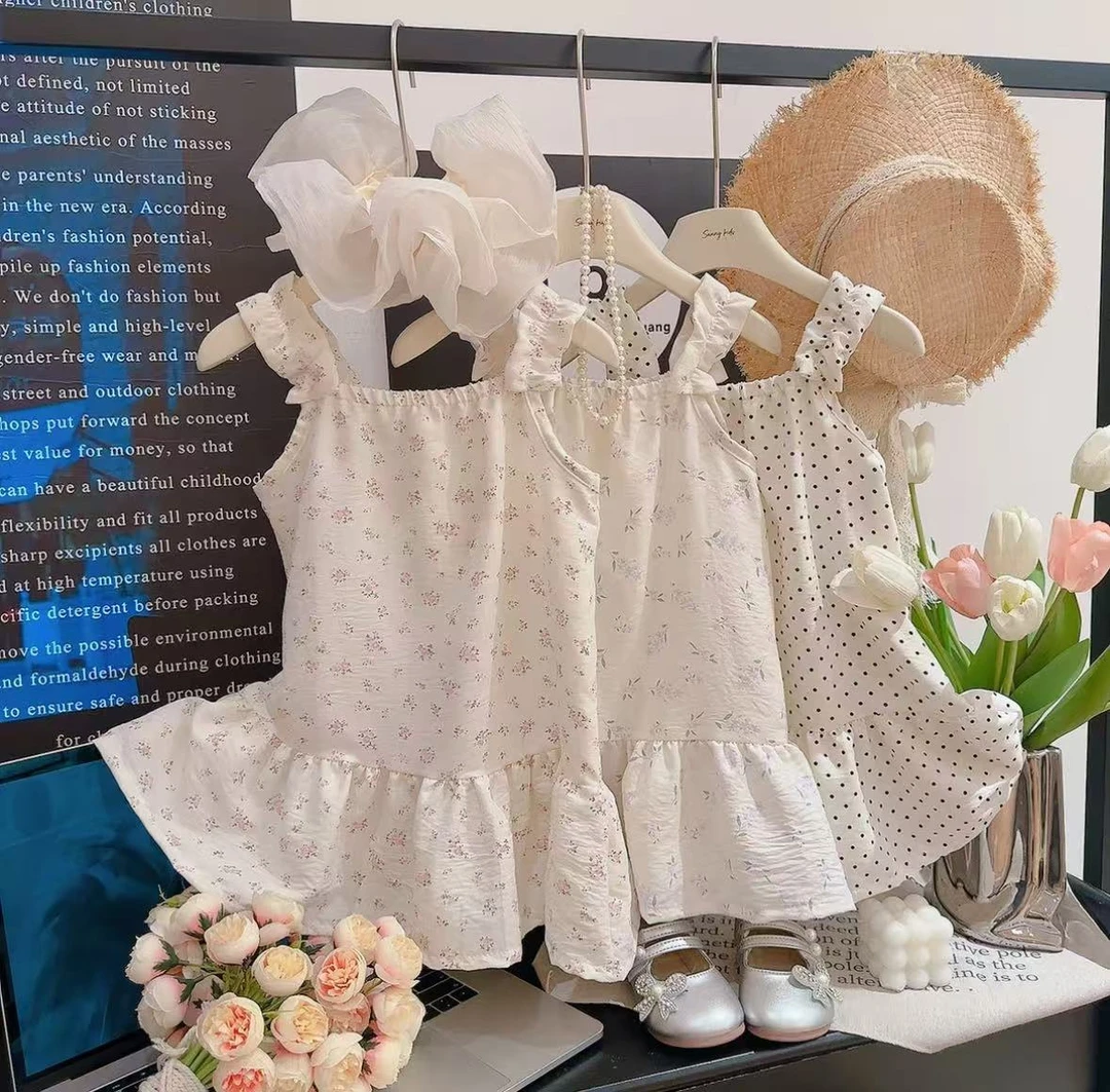夏季甜美公主风碎花荷叶裙韩版连衣裙套装洋气吊带裙波点女童