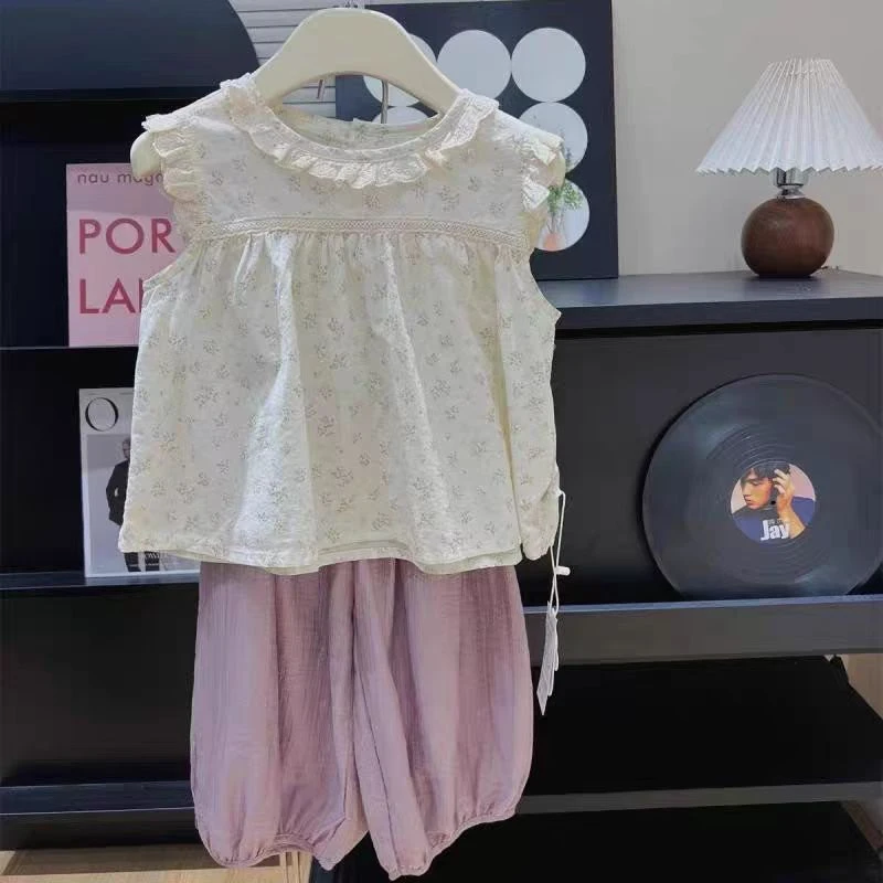 女童夏季套装2025新款儿童宝宝碎花花边上衣田园风防蚊裤子两件套