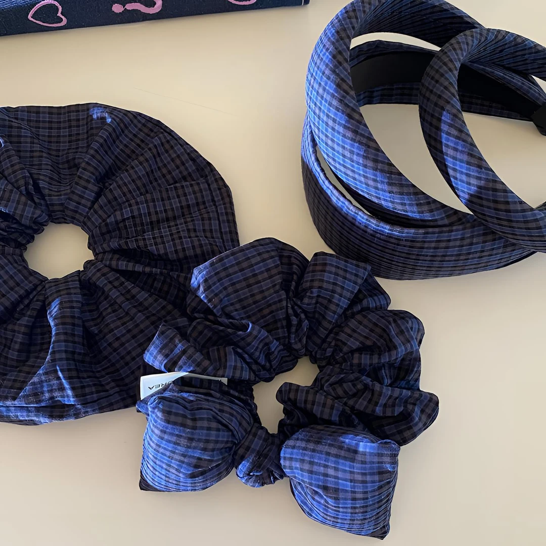 韩系复古藏青格纹发圈头绳发箍百搭气质高颅顶发箍宽版发饰新款