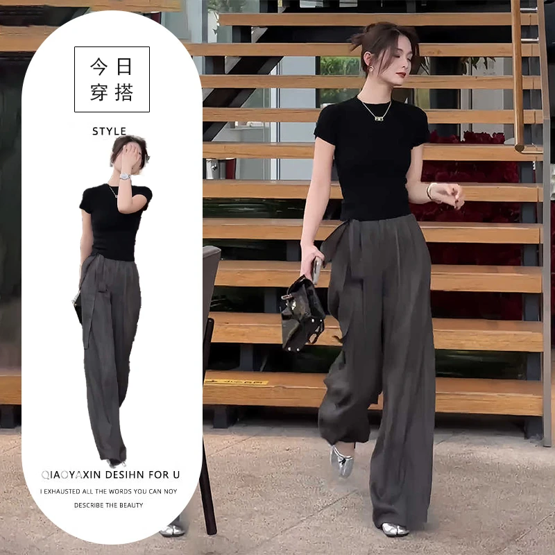 盐系轻熟两件套装气质百搭修身显瘦短袖T恤高腰系带休闲阔腿裤女