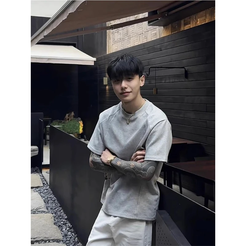 浅灰色cleanfit短袖男款夏季重磅美式高街解构t恤潮牌街头半截袖