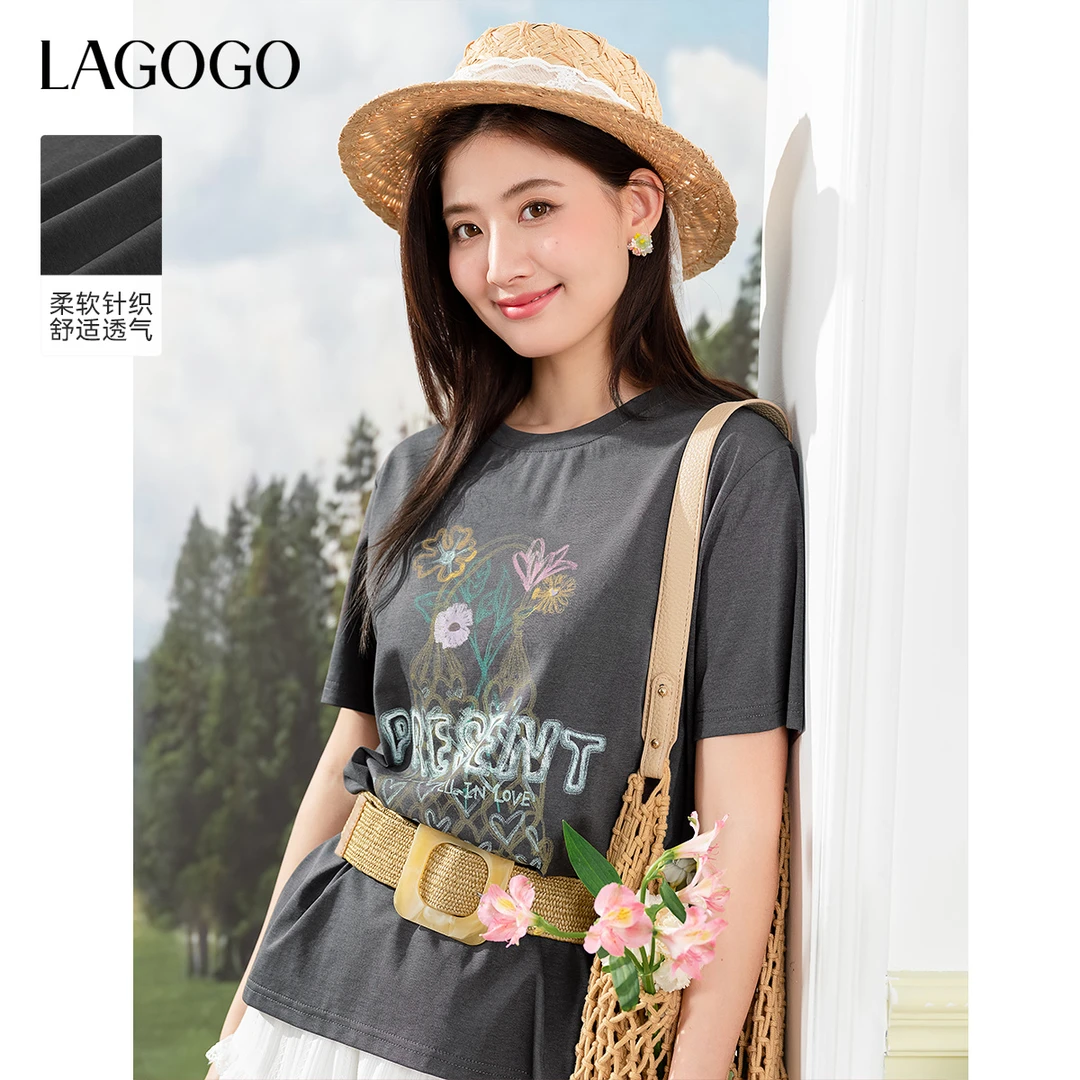 3020【金拐子专属】lagogo新款印花落肩松弛感百搭T恤女OATT314WE2