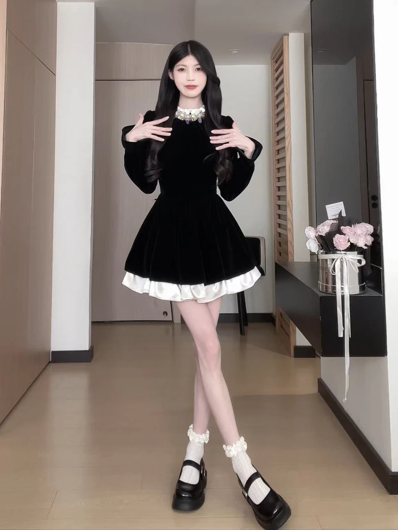 松本丧丧花边领丝绒名媛气质连衣裙秋冬显瘦长袖B244Q2454