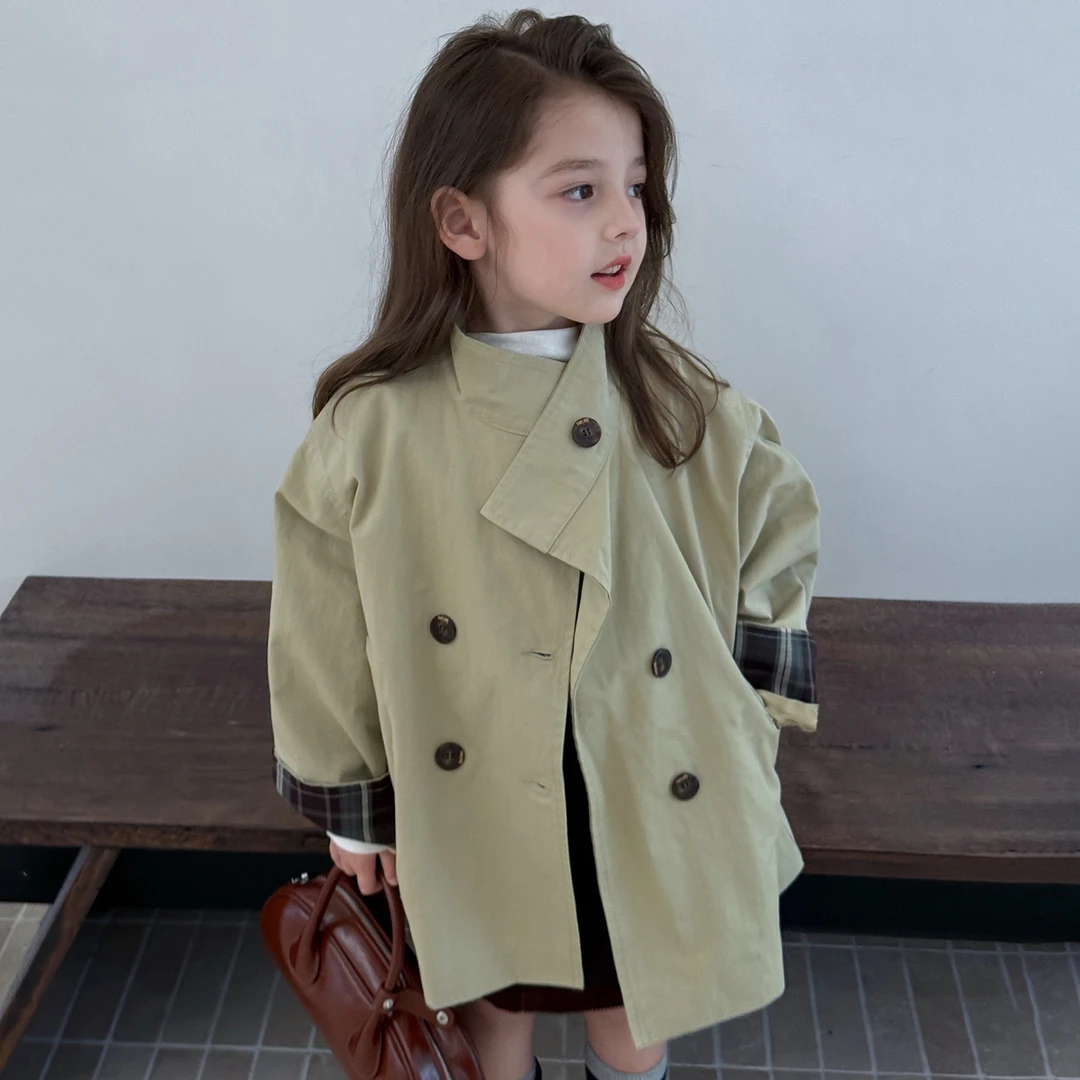 女童风衣2025新款秋季宝宝双排扣立领中长款外套儿童巴恩风外套