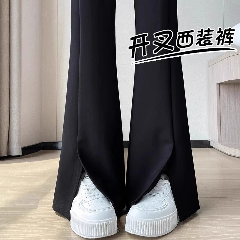 黑色开叉微喇西装裤女春季2025新款梨形身材高腰遮胯拖地喇叭裤子
