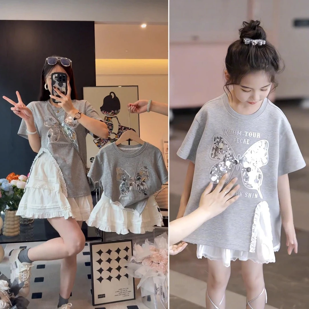 女大童夏季短袖套装2025新款儿童洋气蝴蝶夏装半身裙恤女童童装