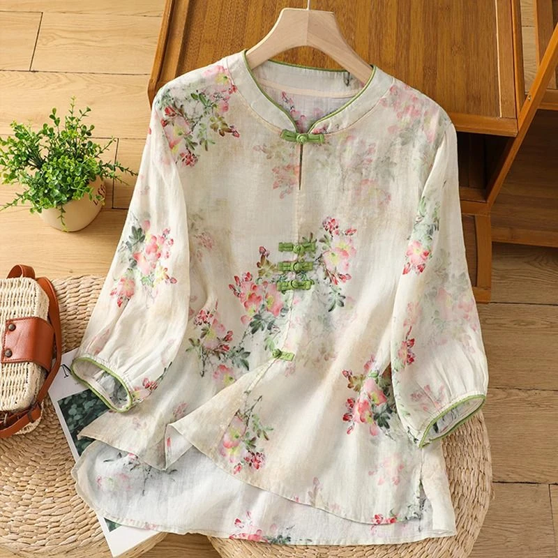 苎麻国风上衣女装夏季新中式改良衬衫复古立领盘扣套头七分袖小衫