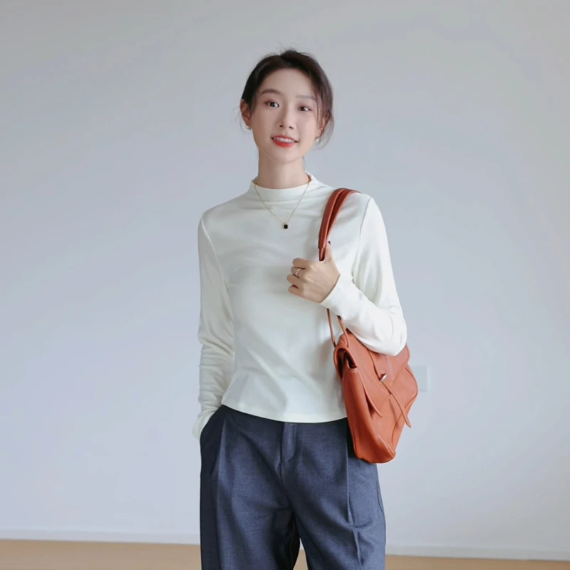 软糯2025款春秋薄款修身半高领莱塞尔高级简约通勤纯色长袖打底衫