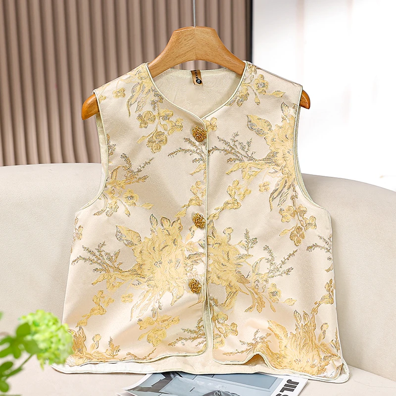 【鎏金】新中式轻国风新中式圆领提花时尚洋气百搭女士马夹