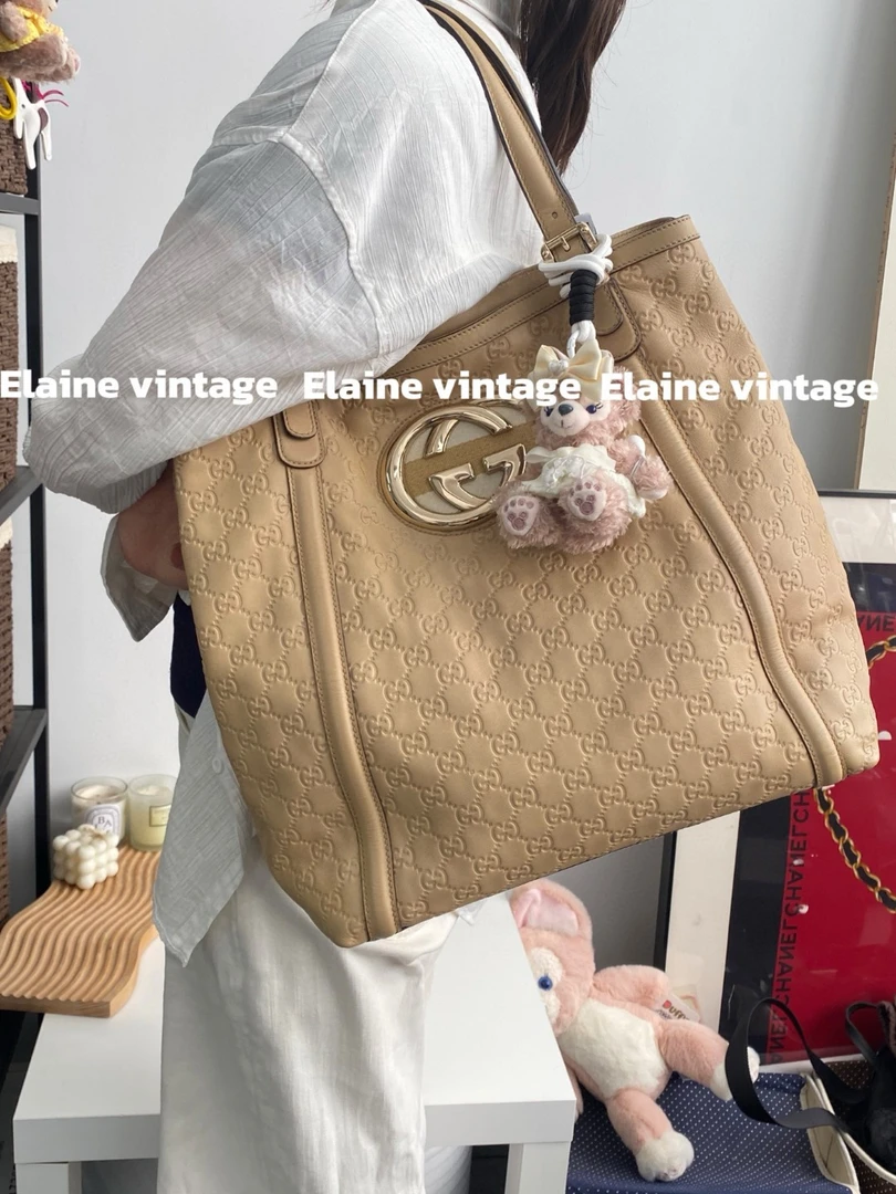 95新 GUCCI/古驰 奶黄色双G大logo全皮托特(35cm)/Y473