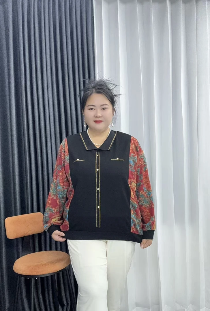 90-240斤秋季特大码民族风拼接加肥衬衫时尚钉珠中老年胖妈妈女