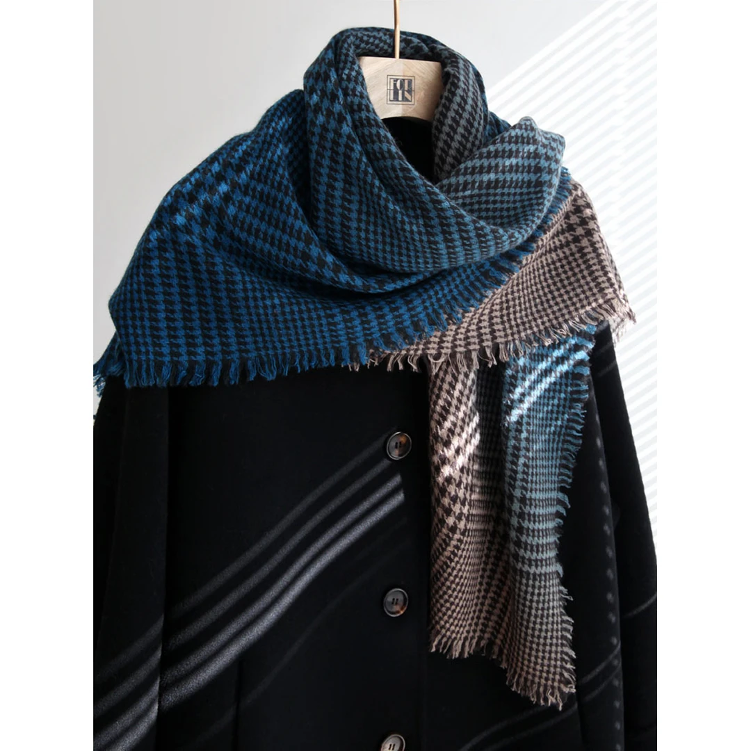 Forlin 芙临 克莱因蓝 双色千鸟格100%羊绒围巾披肩 320041