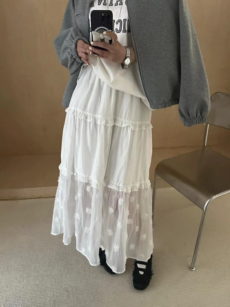 【晨浠定制】新款时尚百搭气质木耳边网纱中长半裙686