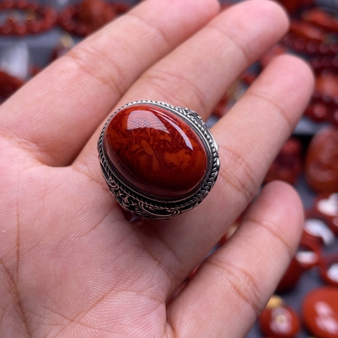 银S925镶嵌南红玛瑙珠宝奇石戒指