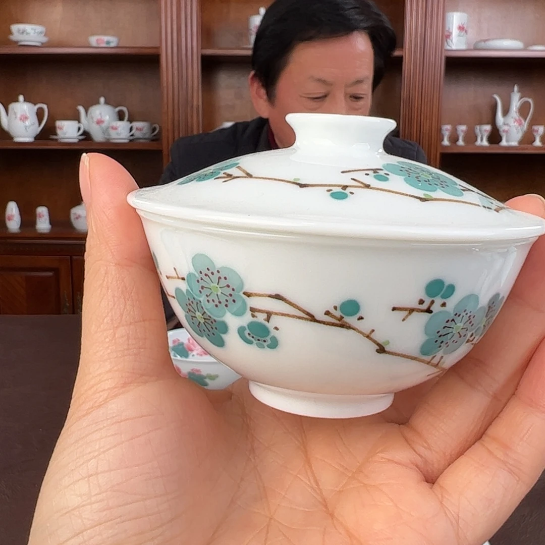 瓷翠竹绿梅9厘米盖碗