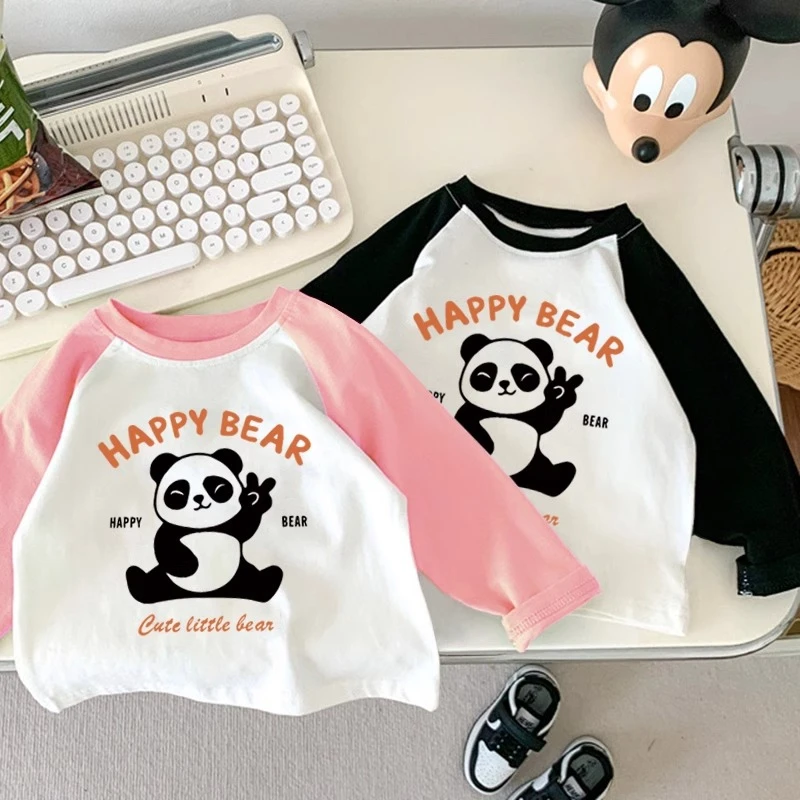 100%纯棉儿童打底衫春秋百搭卡通熊猫插肩长袖t恤女宝宝春装上衣