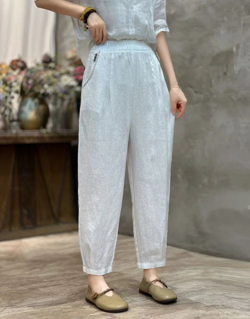 2025夏季新款松紧腰宽松显瘦哈伦裤文艺纯色休闲裤