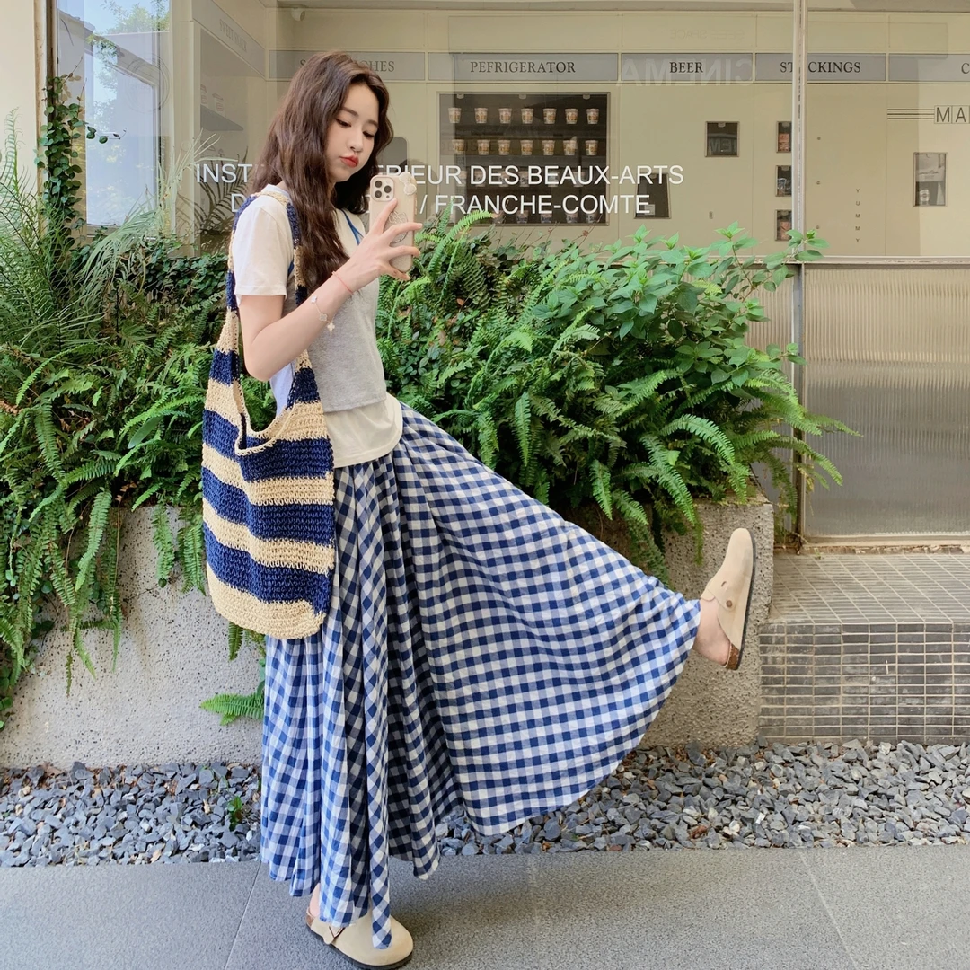 今年流行爆款洋气设计感学院风减龄小个子短袖格子半身裙三件套装