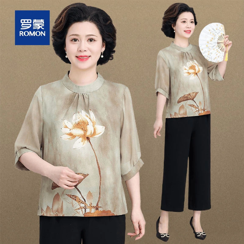 罗蒙新中式妈妈夏装雪纺小衫套装女新款高端洋气中老年奶奶衬衫女