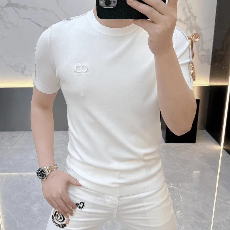 欧货轻奢高品质夏季男士针织冰丝短袖T恤印花时尚百搭半袖上衣潮