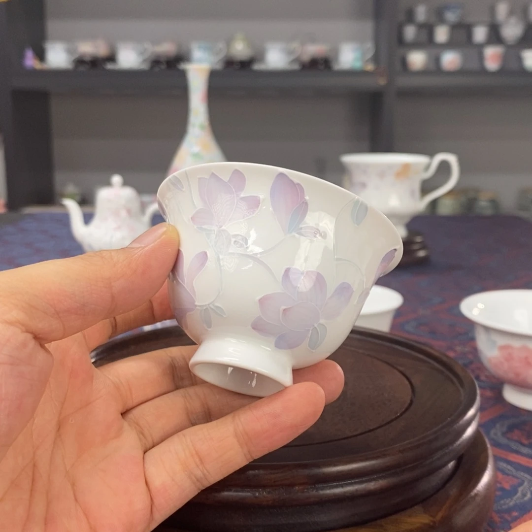 玉兰花品茗杯手绘釉下高温
