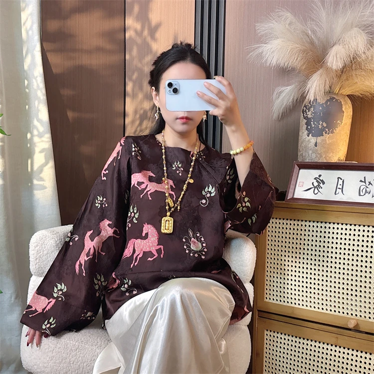 【骏马奔腾】新中式香云纱长袖外穿打底小上衣真丝高端显瘦