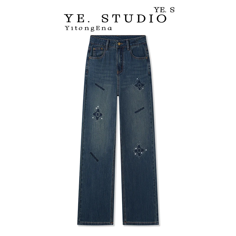 复古高腰牛仔裤女夏季簿款莱赛尔天丝牛仔烫钻休闲时尚直筒牛仔裤
