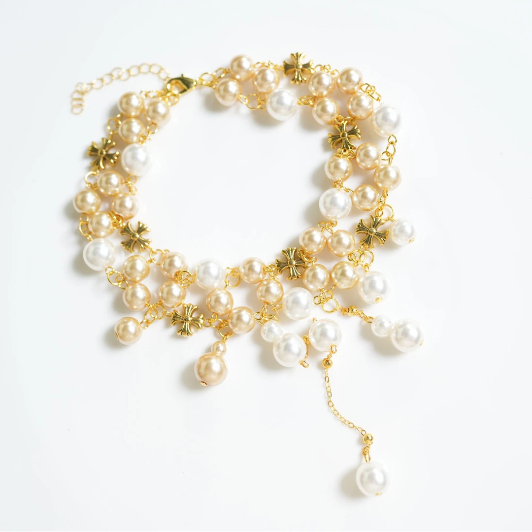 铜合金仿珍珠项链  5350西洋中古风 vintage复古金色珠珠流苏项链