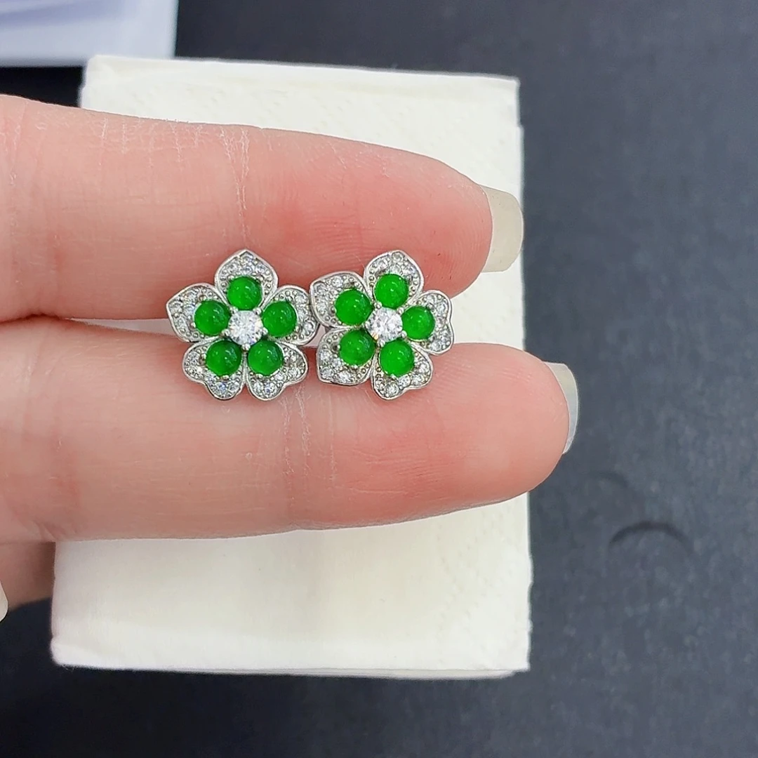 翡翠银S925镶嵌耳饰翡翠耳饰一对