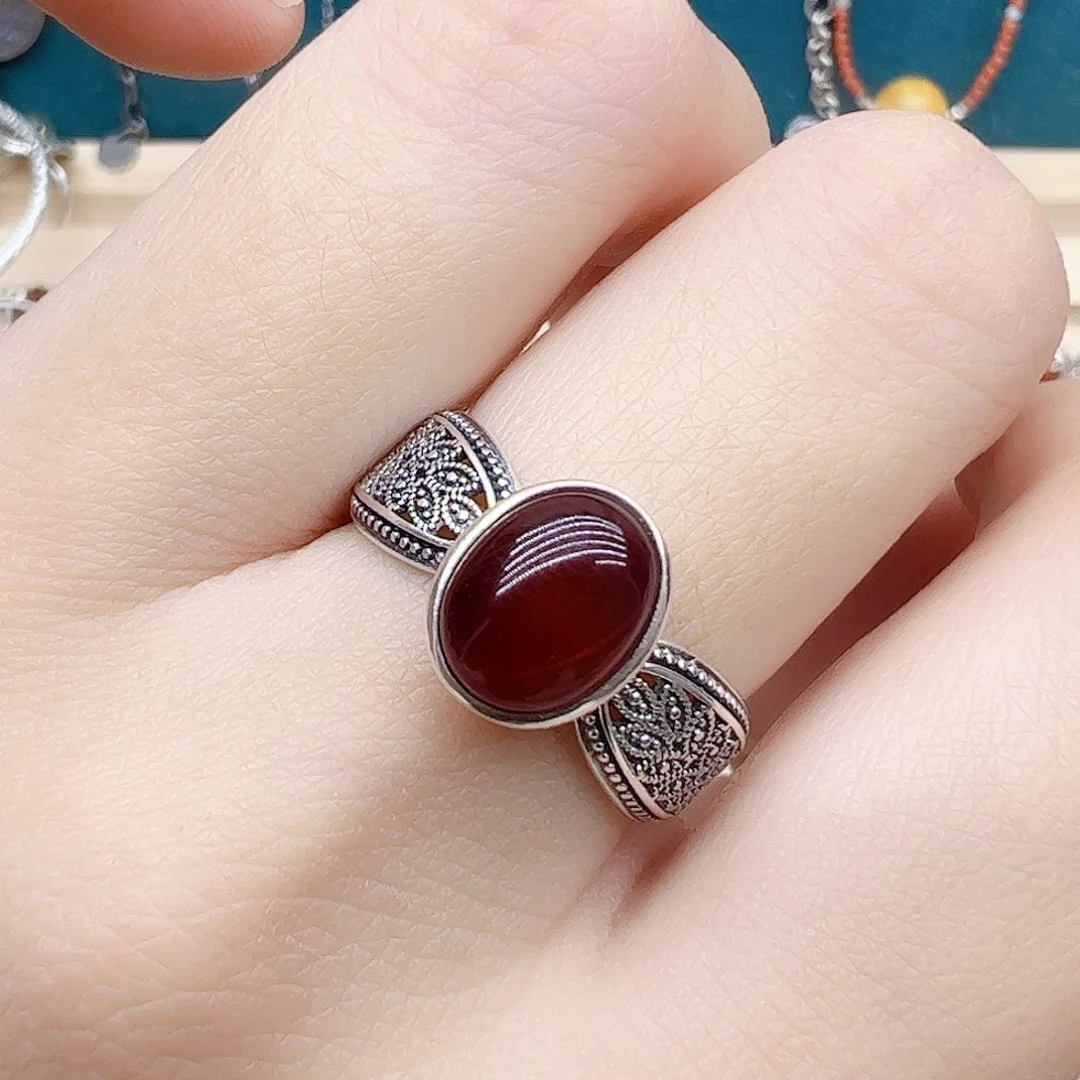 血珀戒指银S925镶嵌天然